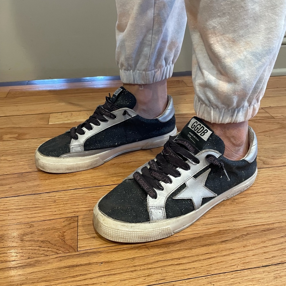 Golden Goose Superstar Black Glitter w Silver Star Sneakers